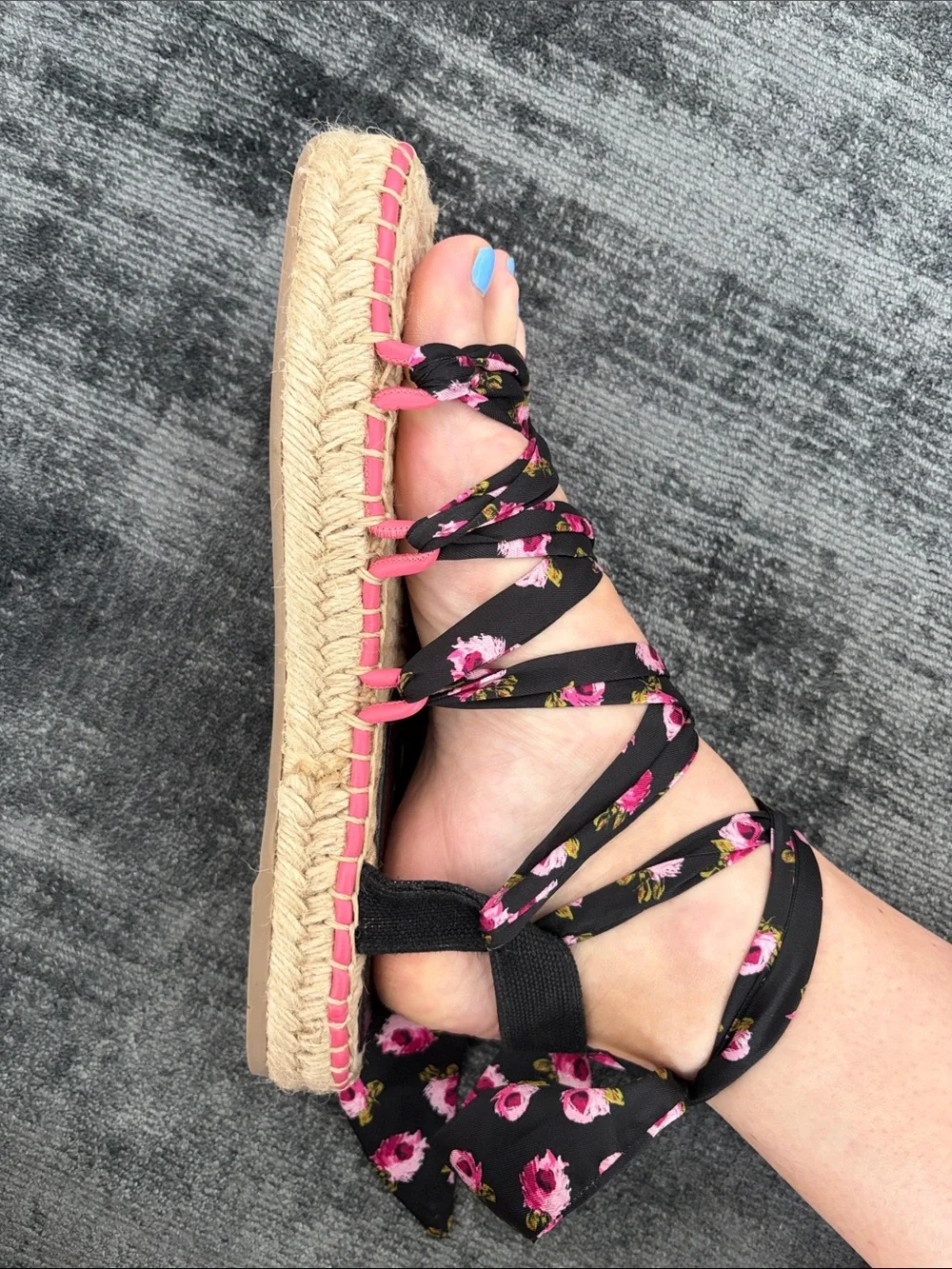 Prada Black Floral Ribbon Espadrille Sandals with Pink Accents